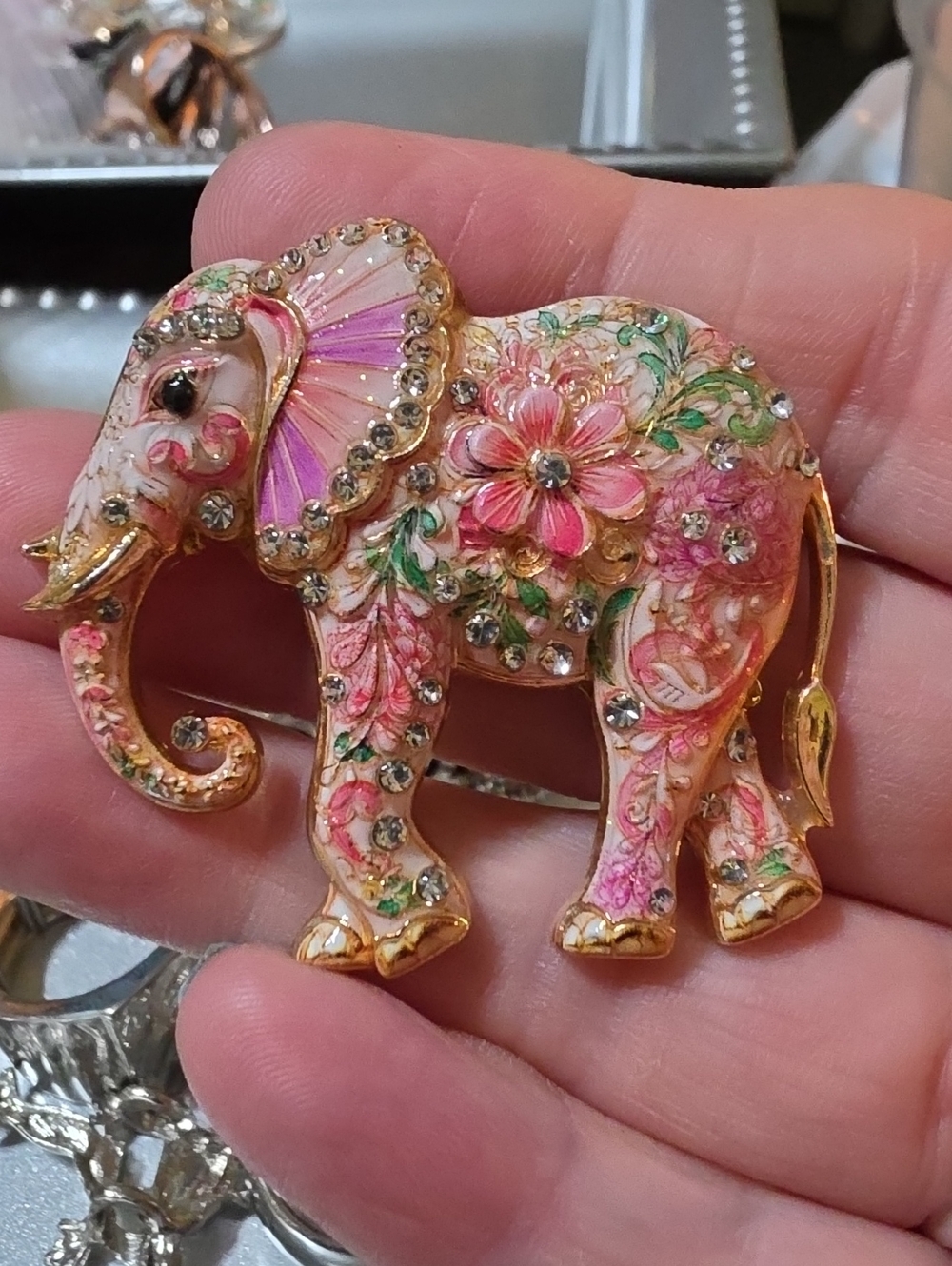 A12- Floral Pink Elephant Brooch